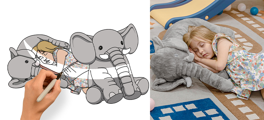 draw the cute plush elephant sleep with kids