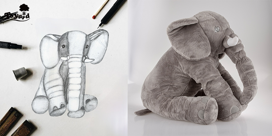 stuffed elephant toy from sketch to finished sample